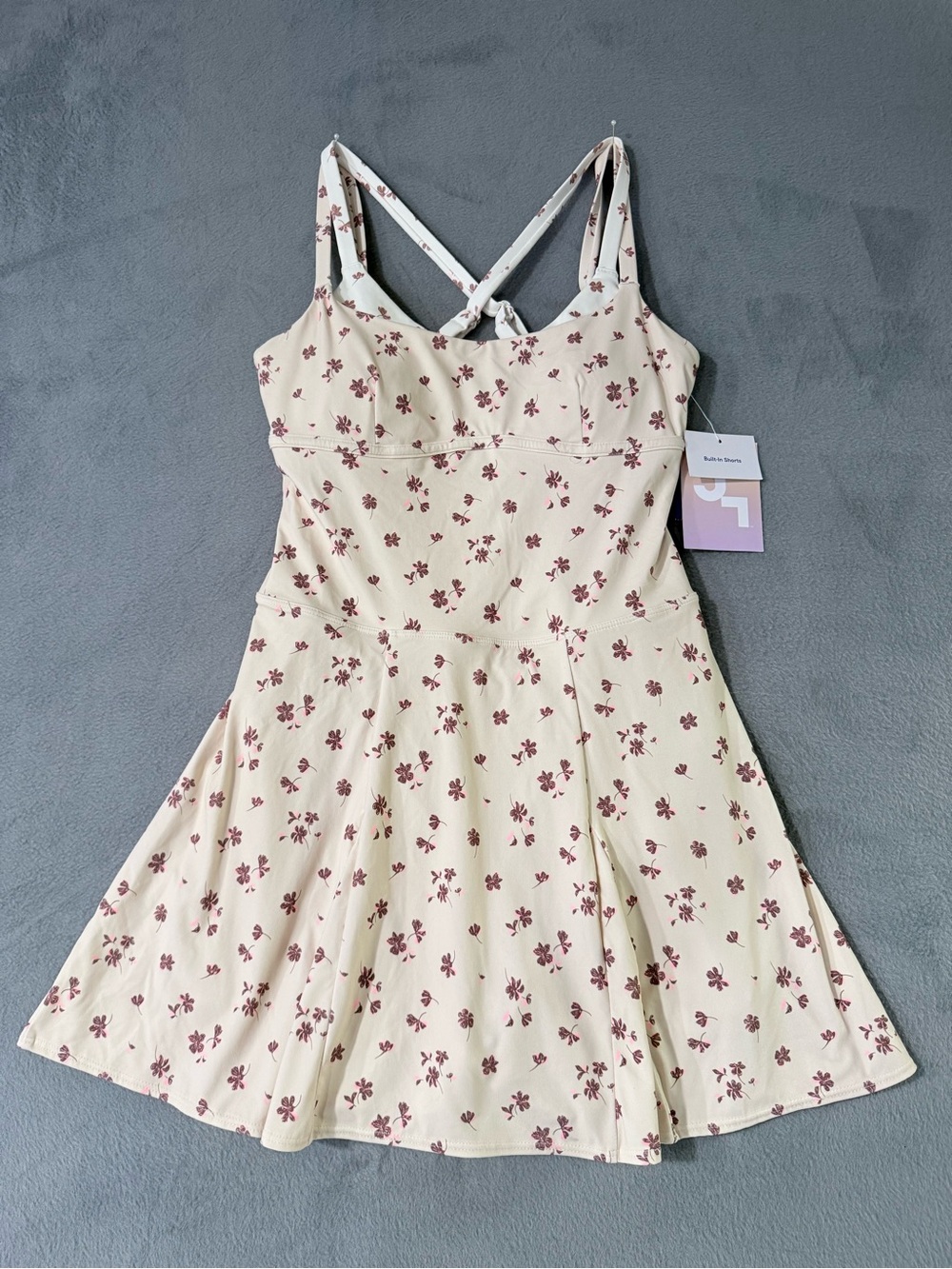 JoyLab - Cream Mini Active Dress with Burgundy and Pink Floral Print